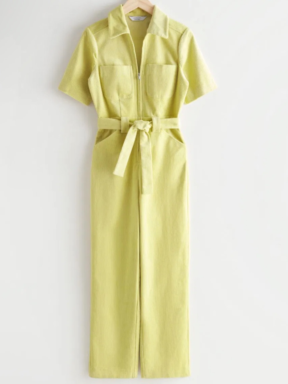 Corduroy Zip-Front Belted Dress in lime green